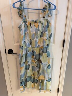 Tiered Midi Dress with Tie Shoulders in Multi Pastel Leaf Print